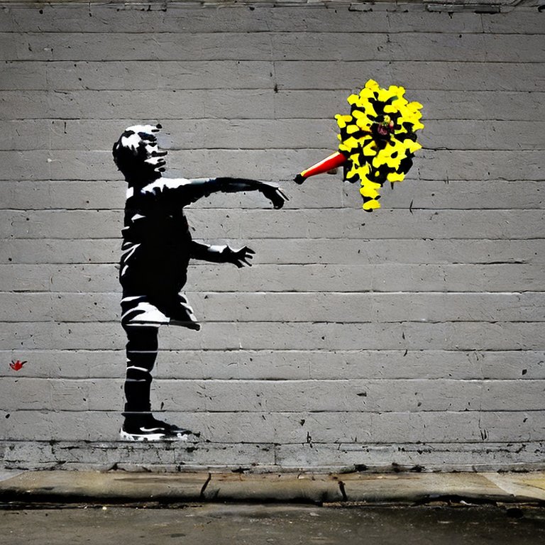Chlordioxidlösung online kaufen - Kind wirft gelben Blumenstrauss Banksy Style